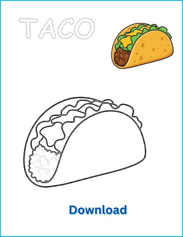 Taco Printable Coloring Page | Mexican Food Activity with Pre-Colored Example (US Letter 8.5x11) - Instant Download PDF