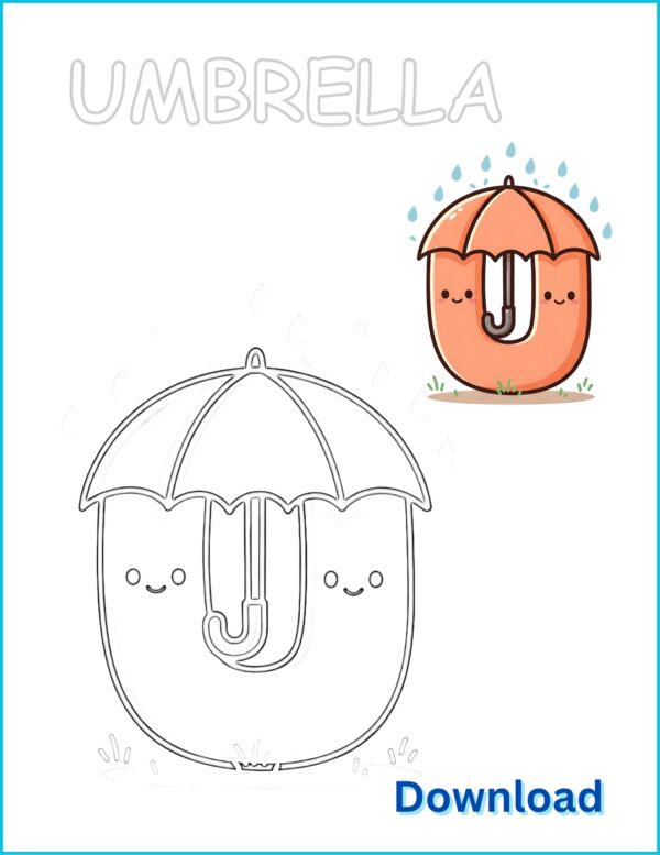 ☔ Umbrella Coloring Page | Printable PDF with Pre-Colored Example (US Letter 8.5x11)