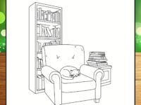 Cozy Reading Corner Coloring Page – Fluffy Chair, Bookshelves & Cat | Bold Lines for Kids & Adults (8.5x8.5 Inches)