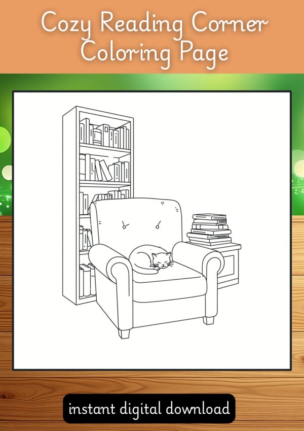 Cozy Reading Corner Coloring Page – Fluffy Chair, Bookshelves & Cat | Bold Lines for Kids & Adults (8.5x8.5 Inches)
