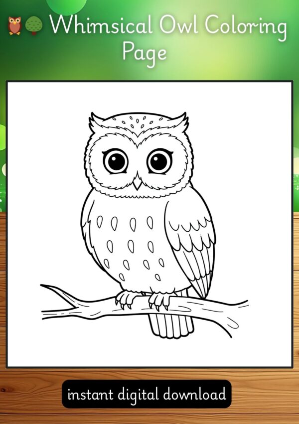 🦉🌳 Whimsical Owl Coloring Page – Cartoon Owl on Tree Branch | Educational & Relaxing Art for Kids & Adults (8.5x8.5 Inches)