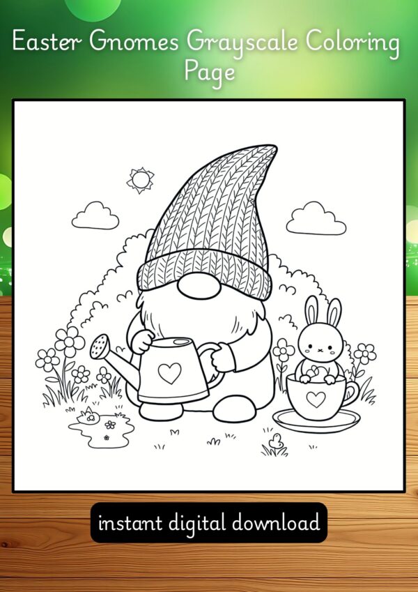 Easter Gnomes Grayscale Coloring Page