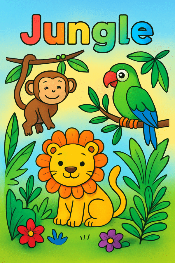 Jungle Animals Coloring Page Printable for Kids | Safari Adventure Coloring Sheet PDF | Instant Download Tropical Fun for Toddlers & Preschoolers - Image 3