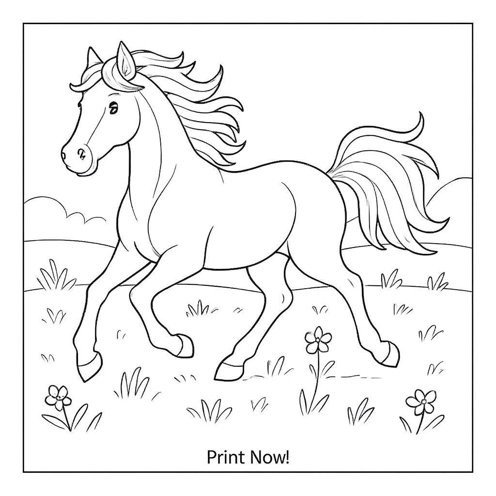 Running Horse in the Meadow Coloring Page – Printable PDF with Uncolored & Colored Versions | 8.5×8.5 Inch High-Quality Instant Download