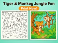 tiger coloring page, monkey coloring page, jungle animals, kids coloring, printable coloring, digital download, instant download, coloring