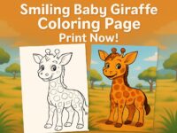 smiling baby giraffe, giraffe coloring, savannah animals, easy coloring sheet, printable coloring, kids activity, instant download,Prek