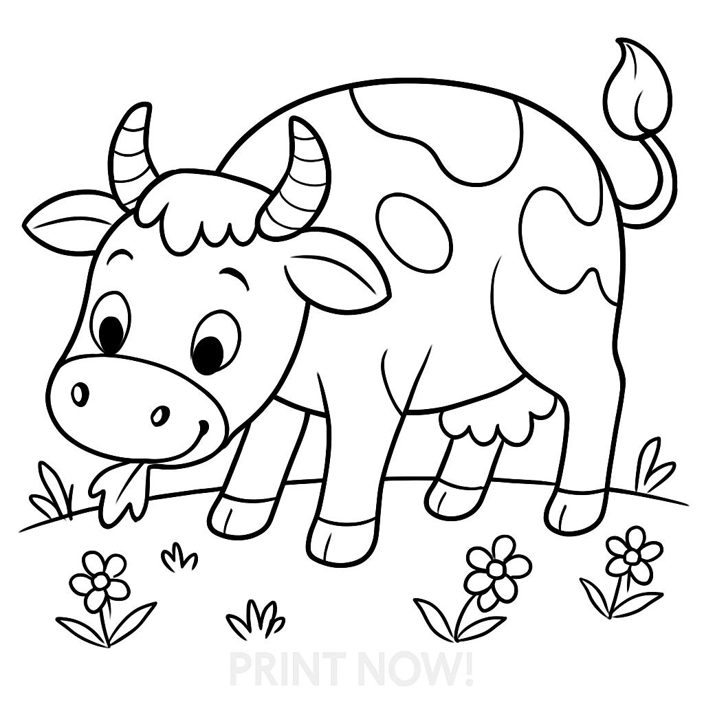 Cute Cow in the Meadow Coloring Page for Kids – Instant Download Printable PDF with Uncolored & Colored Versions