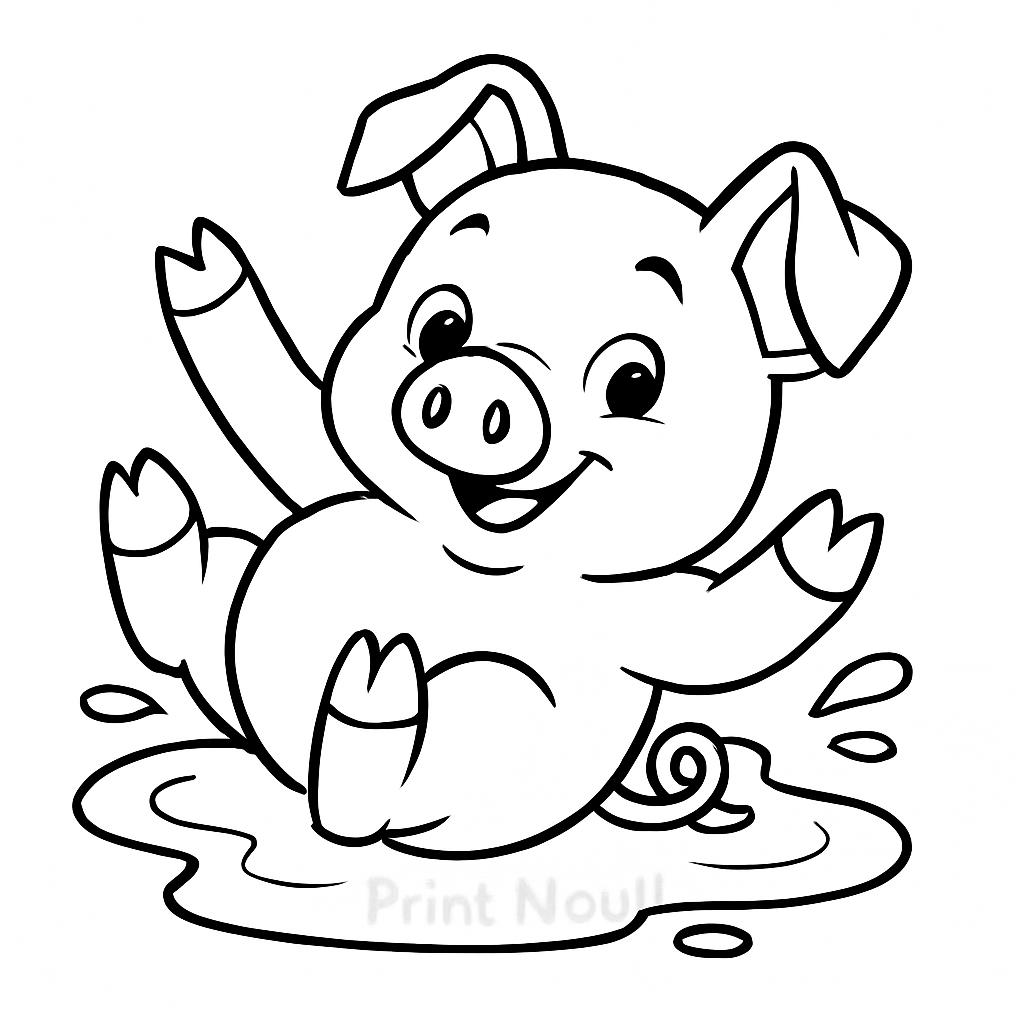 Playful Pig in the Mud Coloring Page for Kids – Instant Download Printable PDF with Uncolored & Colored Versions