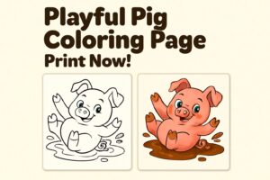 Playful Pig in the Mud Coloring Page for Kids - Instant Download Printable PDF with Uncolored & Colored Versions