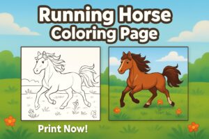 Running Horse in the Meadow Coloring Page - Printable PDF with Uncolored & Colored Versions | 8.5x8.5 Inch High-Quality Instant Download