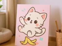 Cute Kawaii Cat Slipping Printable Wall Art - Playful Kitten Digital Download - Pastel Nursery Decor  High-Res Print