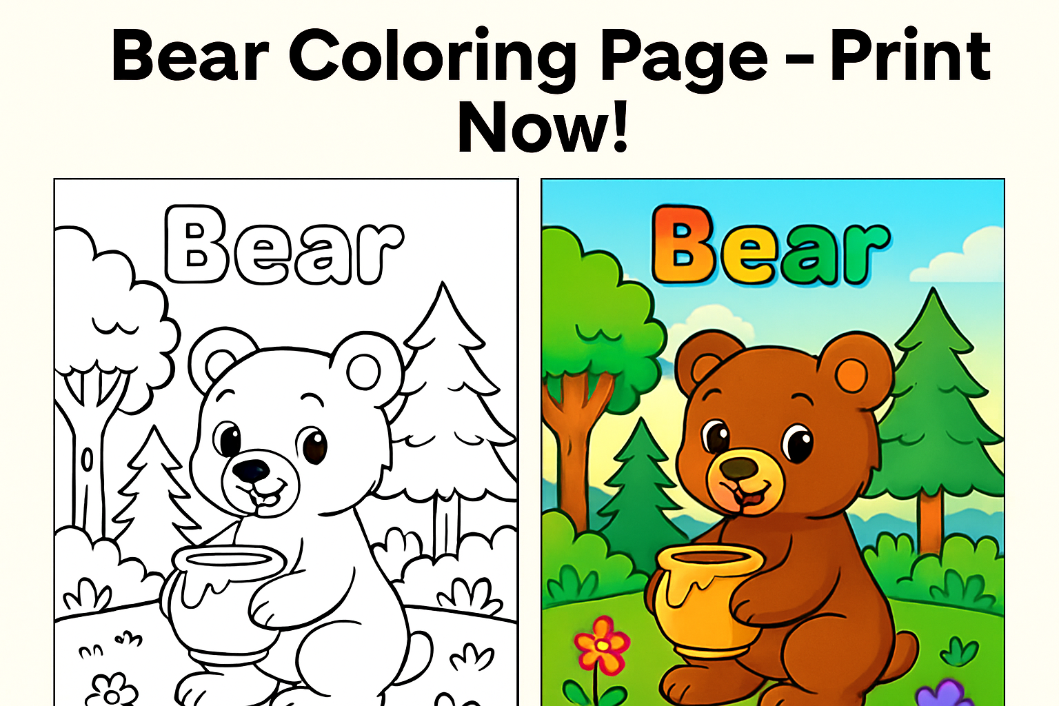 Cute Bear Coloring Page Printable for Kids | Forest Animal Coloring Sheet PDF | Instant Download Bear Activity for Toddlers & Preschoolers