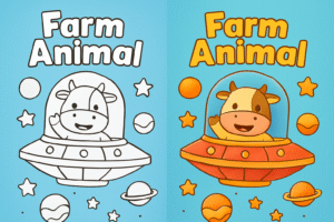 Cute Farm Animal Spaceship Coloring Page Printable PDF - Kids Fun Activity - Instant Download