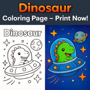 Cute Dinosaur Coloring Page Printable for Kids | Space Dino Coloring Sheet PDF | Instant Download Prehistoric Fun for Toddlers & Preschoolers