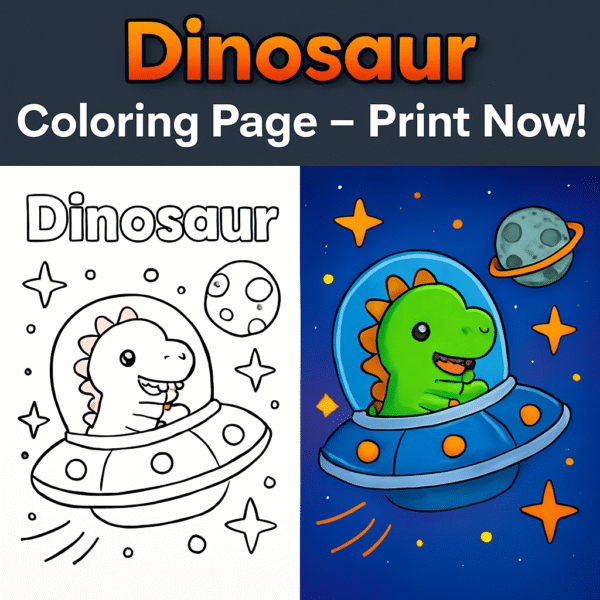 Cute Dinosaur Coloring Page Printable for Kids | Space Dino Coloring Sheet PDF | Instant Download Prehistoric Fun for Toddlers & Preschoolers