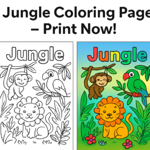 Jungle Animals Coloring Page Printable for Kids | Safari Adventure Coloring Sheet PDF | Instant Download Tropical Fun for Toddlers & Preschoolers