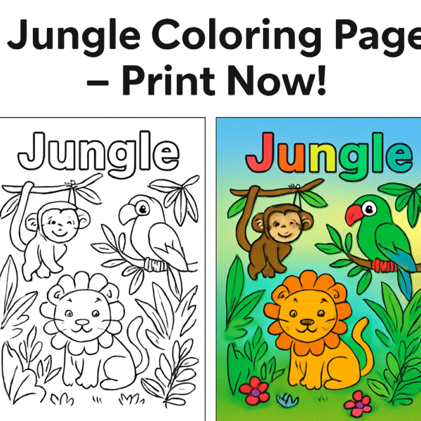 Jungle Animals Coloring Page Printable for Kids | Safari Adventure Coloring Sheet PDF | Instant Download Tropical Fun for Toddlers & Preschoolers