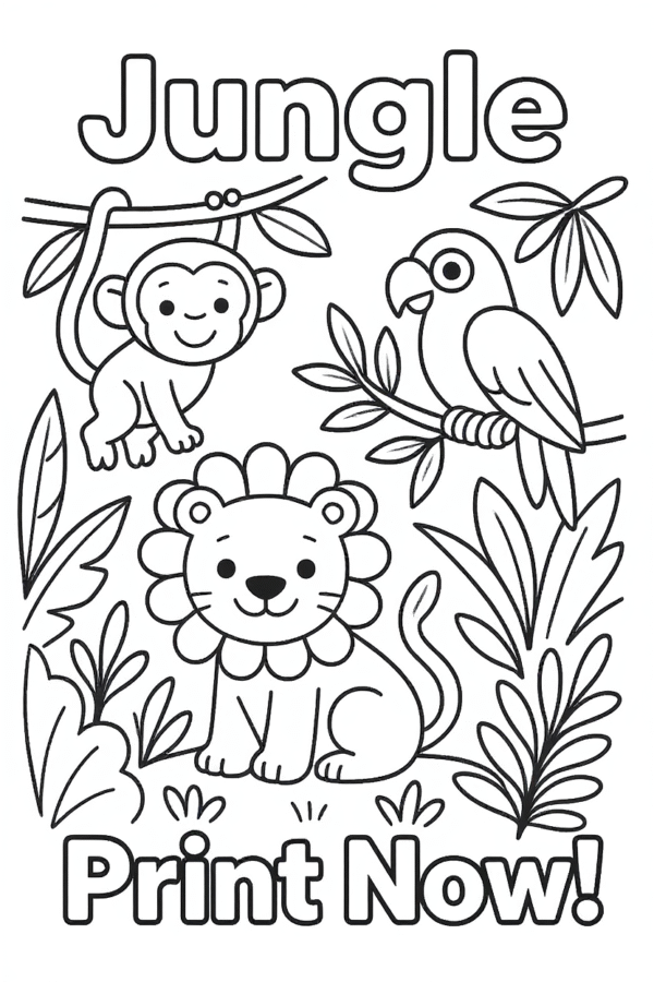 Jungle Animals Coloring Page Printable for Kids | Safari Adventure Coloring Sheet PDF | Instant Download Tropical Fun for Toddlers & Preschoolers - Image 2