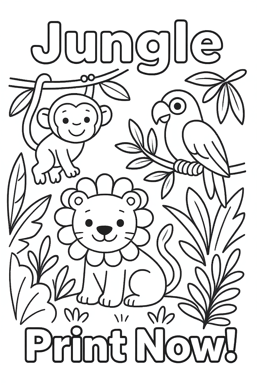 Jungle Animals Coloring Page Printable for Kids | Safari Adventure Coloring Sheet PDF | Instant Download Tropical Fun for Toddlers & Preschoolers