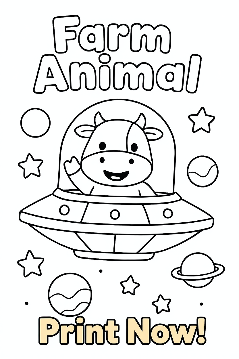 Cute Farm Animal Spaceship Coloring Page Printable PDF – Kids Fun Activity – Instant Download